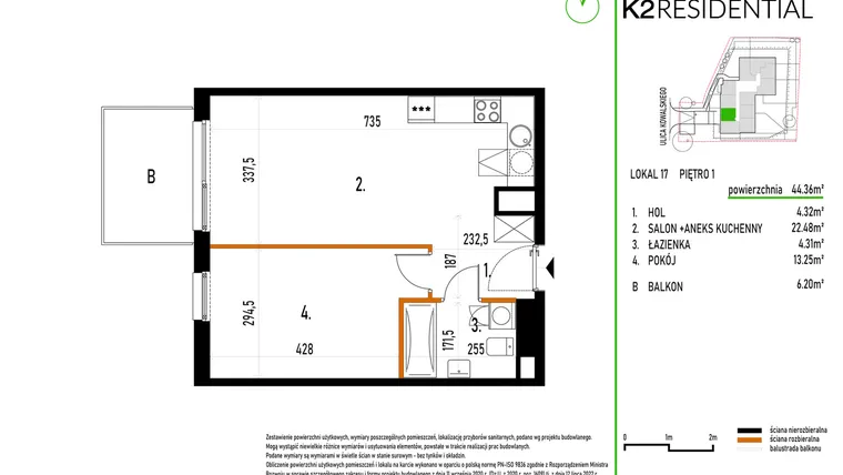 Rzut - Mieszkanie na sprzedaż 2 pokoje o powierzchni 44,31 m² - numer 17 w Kowalskiego 37