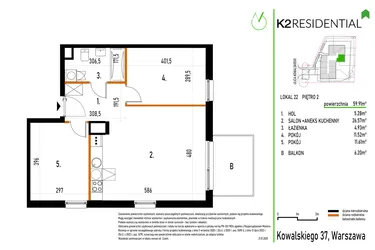 Rzut - Mieszkanie na sprzedaż 3 pokoje o powierzchni 59,91 m² - numer 22 w Kowalskiego 37