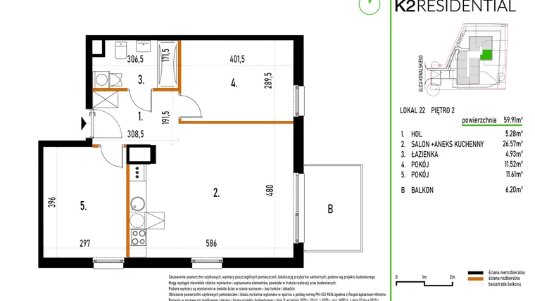 Rzut - Mieszkanie na sprzedaż 3 pokoje o powierzchni 59,91 m² - numer 22 w Kowalskiego 37