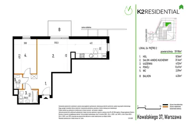 Rzut - Mieszkanie na sprzedaż 2 pokoje o powierzchni 59,98 m² - numer 24 w Kowalskiego 37