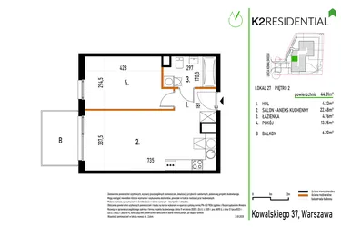 Rzut - Mieszkanie na sprzedaż 2 pokoje o powierzchni 44,85 m² - numer 27 w Kowalskiego 37