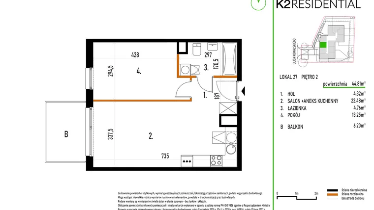Rzut - Mieszkanie na sprzedaż 2 pokoje o powierzchni 44,85 m² - numer 27 w Kowalskiego 37
