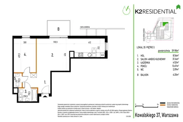 Rzut - Mieszkanie na sprzedaż 2 pokoje o powierzchni 59,98 m² - numer 35 w Kowalskiego 37