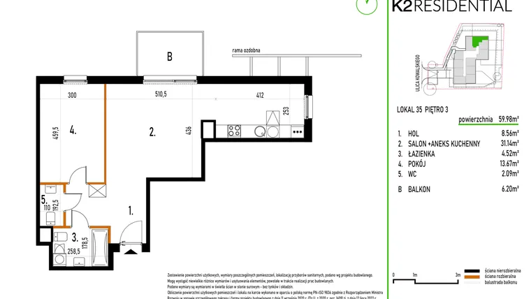 Rzut - Mieszkanie na sprzedaż 2 pokoje o powierzchni 59,98 m² - numer 35 w Kowalskiego 37