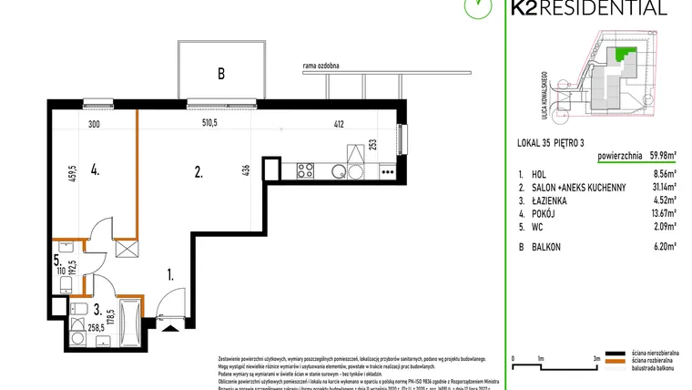 Rzut - Mieszkanie na sprzedaż 2 pokoje o powierzchni 59,97 m² - numer 35 w Kowalskiego 37