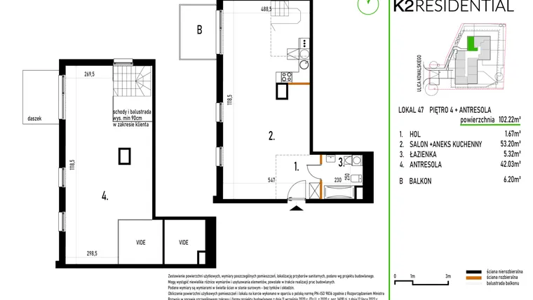 Rzut - Mieszkanie na sprzedaż 1 pokój o powierzchni 102,22 m² - numer 47 w Kowalskiego 37