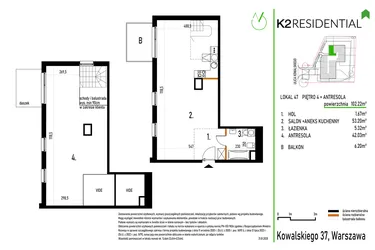 Rzut - Mieszkanie na sprzedaż 1 pokój o powierzchni 102,46 m² - numer 47 w Kowalskiego 37