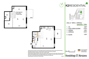 Rzut - Mieszkanie na sprzedaż 1 pokój o powierzchni 75,78 m² - numer 45 w Kowalskiego 37