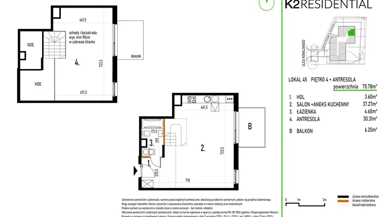 Rzut - Mieszkanie na sprzedaż 1 pokój o powierzchni 75,78 m² - numer 45 w Kowalskiego 37