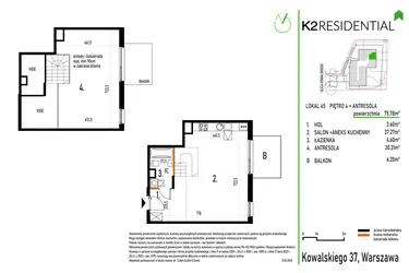 Rzut - Mieszkanie na sprzedaż 1 pokój o powierzchni 75,94 m² - numer 45 w Kowalskiego 37