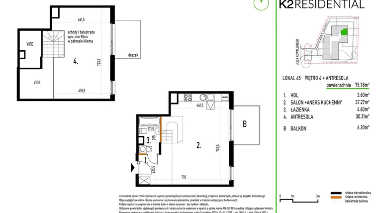 Rzut - Mieszkanie na sprzedaż 1 pokój o powierzchni 75,94 m² - numer 45 w Kowalskiego 37