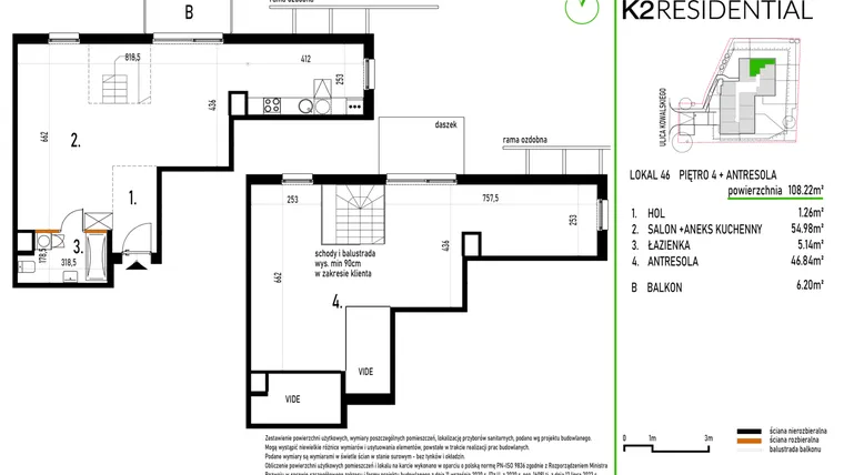 Rzut - Mieszkanie na sprzedaż 1 pokój o powierzchni 108,22 m² - numer 46 w Kowalskiego 37