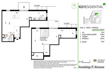 Rzut - Mieszkanie na sprzedaż 1 pokój o powierzchni 108,26 m² - numer 46 w Kowalskiego 37