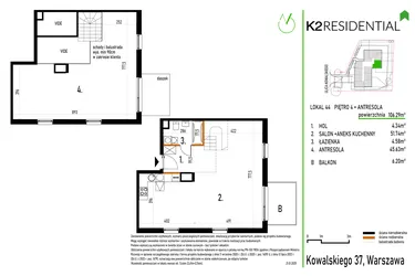 Rzut - Mieszkanie na sprzedaż 1 pokój o powierzchni 106,29 m² - numer 44 w Kowalskiego 37