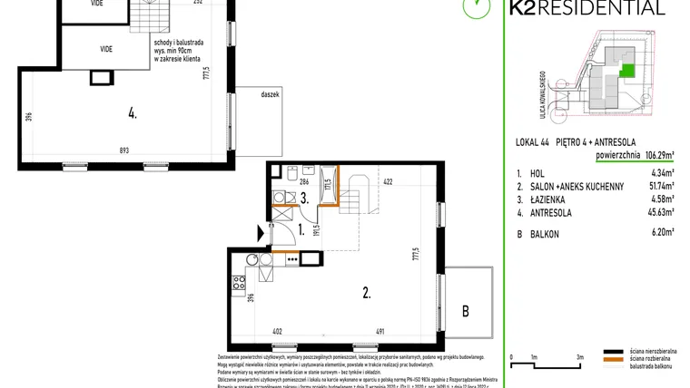 Rzut - Mieszkanie na sprzedaż 1 pokój o powierzchni 106,29 m² - numer 44 w Kowalskiego 37