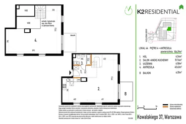 Rzut - Mieszkanie na sprzedaż 1 pokój o powierzchni 106,25 m² - numer 44 w Kowalskiego 37