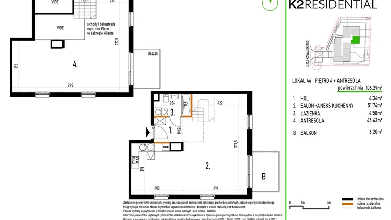 Rzut - Mieszkanie na sprzedaż 1 pokój o powierzchni 106,25 m² - numer 44 w Kowalskiego 37