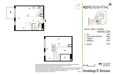 Rzut - Mieszkanie na sprzedaż 1 pokój o powierzchni 72,22 m² - numer 50 w Kowalskiego 37