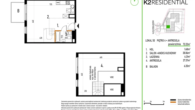 Rzut - Mieszkanie na sprzedaż 1 pokój o powierzchni 72,22 m² - numer 50 w Kowalskiego 37