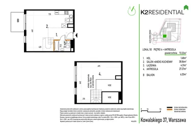 Rzut - Mieszkanie na sprzedaż 1 pokój o powierzchni 72,19 m² - numer 50 w Kowalskiego 37