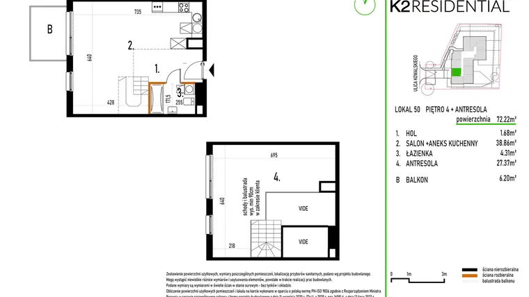Rzut - Mieszkanie na sprzedaż 1 pokój o powierzchni 72,19 m² - numer 50 w Kowalskiego 37