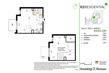 Rzut - Mieszkanie na sprzedaż 1 pokój o powierzchni 67,5 m² - numer 48 w Kowalskiego 37