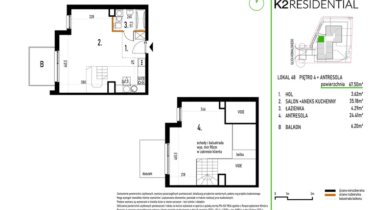 Rzut - Mieszkanie na sprzedaż 1 pokój o powierzchni 67,5 m² - numer 48 w Kowalskiego 37