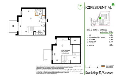 Rzut - Mieszkanie na sprzedaż 1 pokój o powierzchni 67,37 m² - numer 48 w Kowalskiego 37