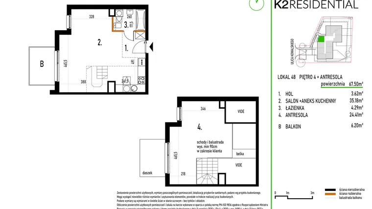 Rzut - Mieszkanie na sprzedaż 1 pokój o powierzchni 67,37 m² - numer 48 w Kowalskiego 37