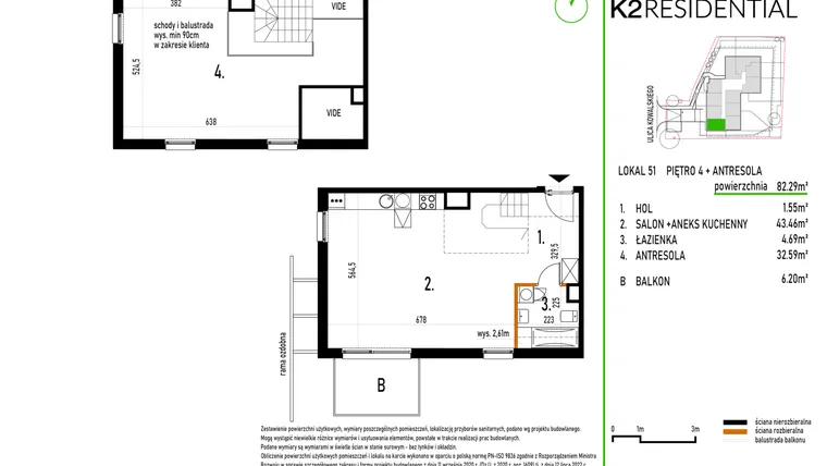 Rzut - Mieszkanie na sprzedaż 1 pokój o powierzchni 82,29 m² - numer 51 w Kowalskiego 37