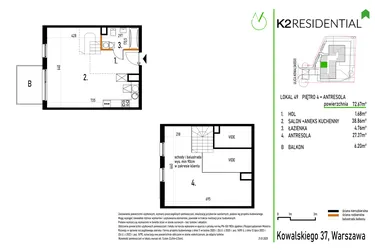Rzut - Mieszkanie na sprzedaż 1 pokój o powierzchni 72,67 m² - numer 49 w Kowalskiego 37