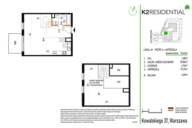 Rzut - Mieszkanie na sprzedaż 1 pokój o powierzchni 72,62 m² - numer 49 w Kowalskiego 37