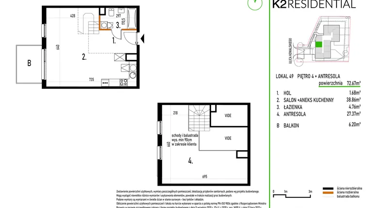 Rzut - Mieszkanie na sprzedaż 1 pokój o powierzchni 72,62 m² - numer 49 w Kowalskiego 37