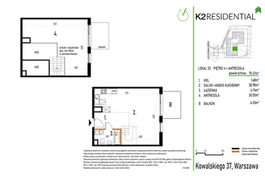 Rzut - Mieszkanie na sprzedaż 1 pokój o powierzchni 75,47 m² - numer 53 w Kowalskiego 37