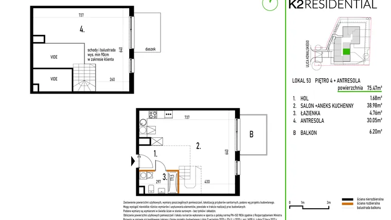 Rzut - Mieszkanie na sprzedaż 1 pokój o powierzchni 75,47 m² - numer 53 w Kowalskiego 37