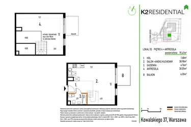 Rzut - Mieszkanie na sprzedaż 1 pokój o powierzchni 75,4 m² - numer 53 w Kowalskiego 37