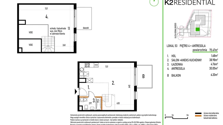Rzut - Mieszkanie na sprzedaż 1 pokój o powierzchni 75,4 m² - numer 53 w Kowalskiego 37