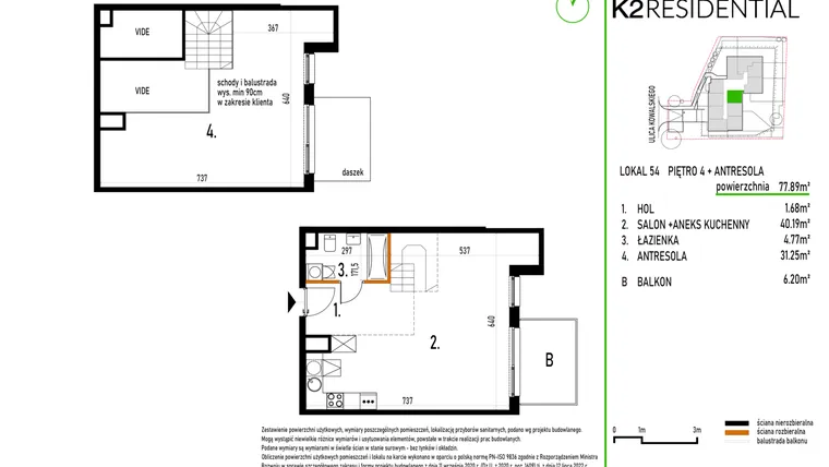 Rzut - Mieszkanie na sprzedaż 1 pokój o powierzchni 77,89 m² - numer 54 w Kowalskiego 37