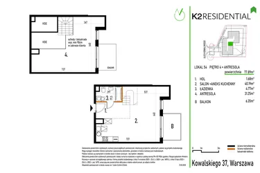Rzut - Mieszkanie na sprzedaż 1 pokój o powierzchni 77,72 m² - numer 54 w Kowalskiego 37