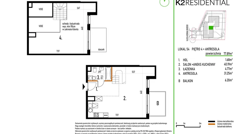 Rzut - Mieszkanie na sprzedaż 1 pokój o powierzchni 77,72 m² - numer 54 w Kowalskiego 37