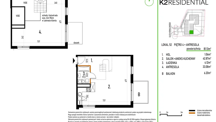 Rzut - Mieszkanie na sprzedaż 1 pokój o powierzchni 81,13 m² - numer 52 w Kowalskiego 37