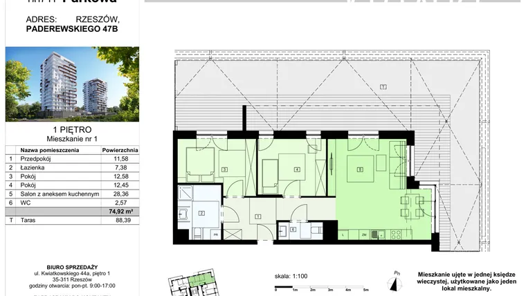 Rzut - Mieszkanie na sprzedaż 3 pokoje o powierzchni 74,92 m² - numer 1/B7 w Dzielnica Parkowa VII