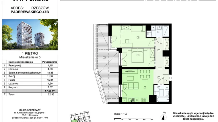 Rzut - Mieszkanie na sprzedaż 3 pokoje o powierzchni 67,08 m² - numer 5/B7 w Dzielnica Parkowa VII