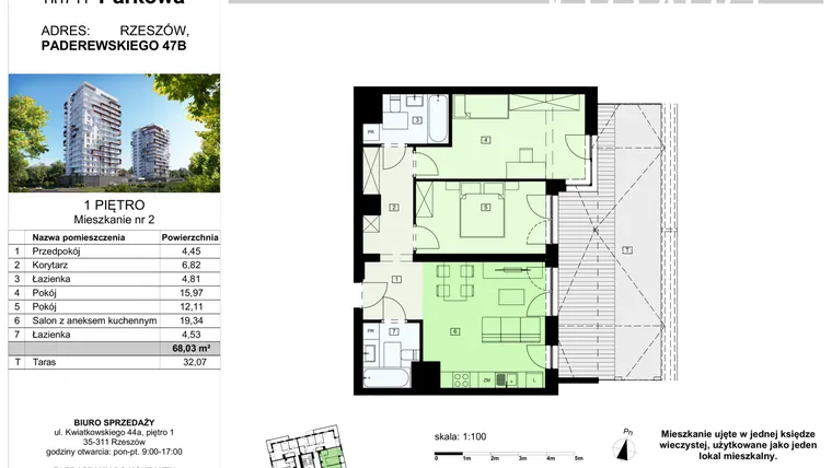 Rzut - Mieszkanie na sprzedaż 3 pokoje o powierzchni 68,03 m² - numer 2/B7 w Dzielnica Parkowa VII