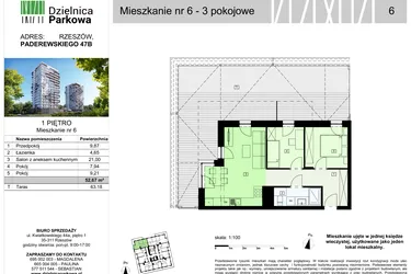 Rzut - Mieszkanie na sprzedaż 3 pokoje o powierzchni 52,67 m² - numer 6/B7 w Dzielnica Parkowa VII