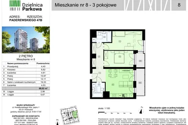 Rzut - Mieszkanie na sprzedaż 3 pokoje o powierzchni 68,02 m² - numer 8/B7 w Dzielnica Parkowa VII