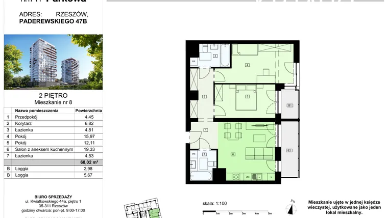 Rzut - Mieszkanie na sprzedaż 3 pokoje o powierzchni 68,02 m² - numer 8/B7 w Dzielnica Parkowa VII