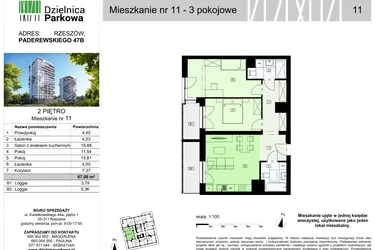 Rzut - Mieszkanie na sprzedaż 3 pokoje o powierzchni 67,08 m² - numer 11/B7 w Dzielnica Parkowa VII