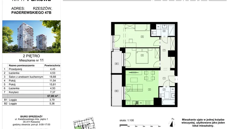 Rzut - Mieszkanie na sprzedaż 3 pokoje o powierzchni 67,08 m² - numer 11/B7 w Dzielnica Parkowa VII