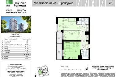 Rzut - Mieszkanie na sprzedaż 3 pokoje o powierzchni 67,09 m² - numer 23/B7 w Dzielnica Parkowa VII